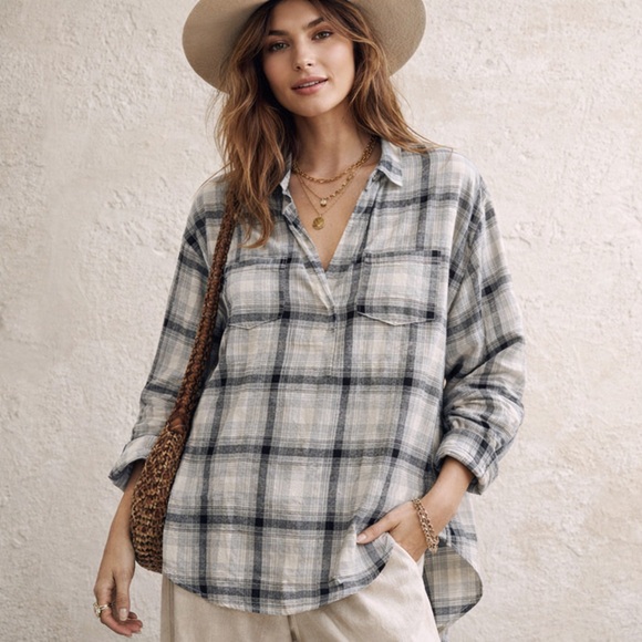 Anthropologie Tops - POL Oversized Black and Gray Plaid Button-Down High Low Tunic Top Size Small